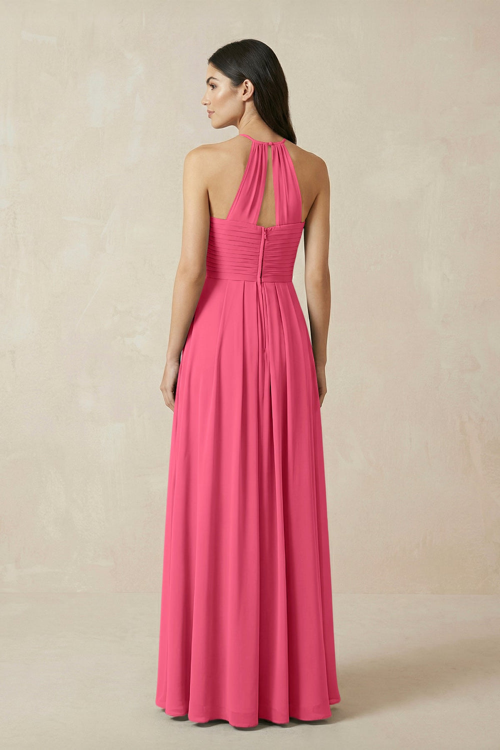 A-Line Halter Neck Pleated Chiffon Bridesmaid Dress in Fuchsia - KissProm BRIDESMAID DRESSES