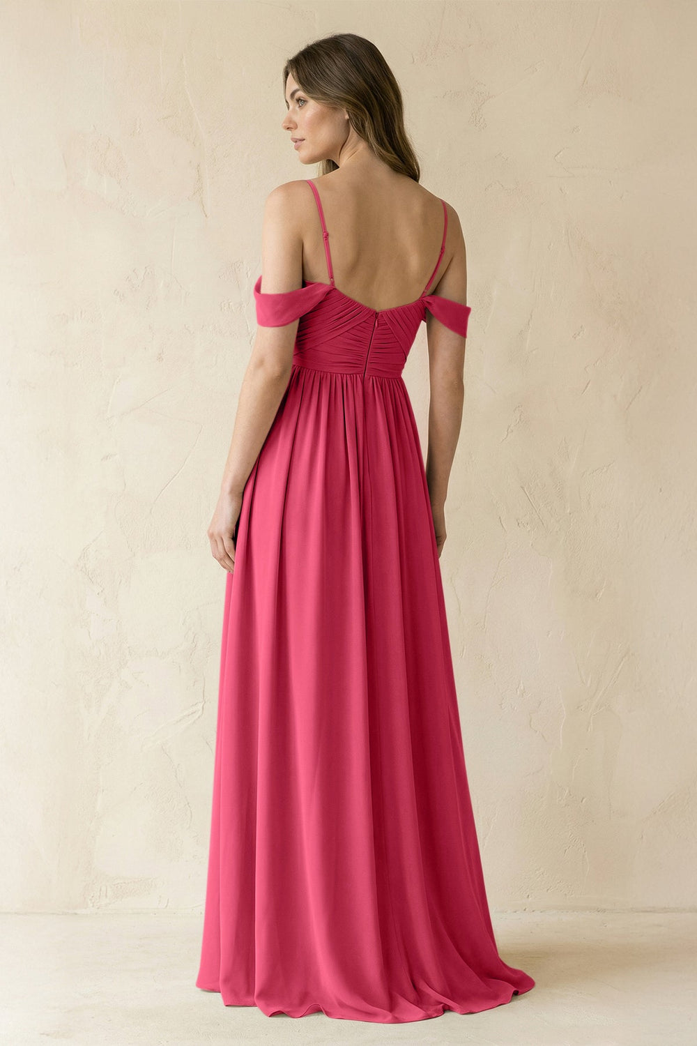 A-Line Off-the-Shoulder Pleated Chiffon Bridesmaid Dress in Fuchsia - KissProm BRIDESMAID DRESSES