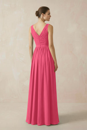A-Line V-Neck Pleated Chiffon Bridesmaid Dress in Fuchsia - KissProm BRIDESMAID DRESSES
