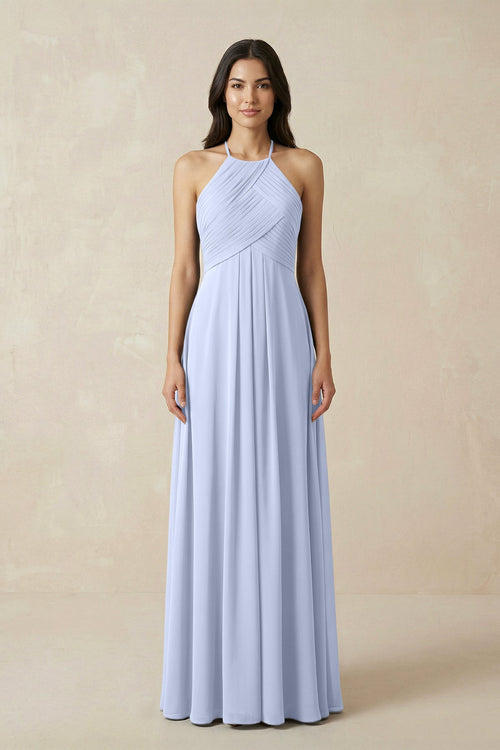 A-Line Halter Neck Pleated Chiffon Bridesmaid Dress in Ice - KissProm BRIDESMAID DRESSES