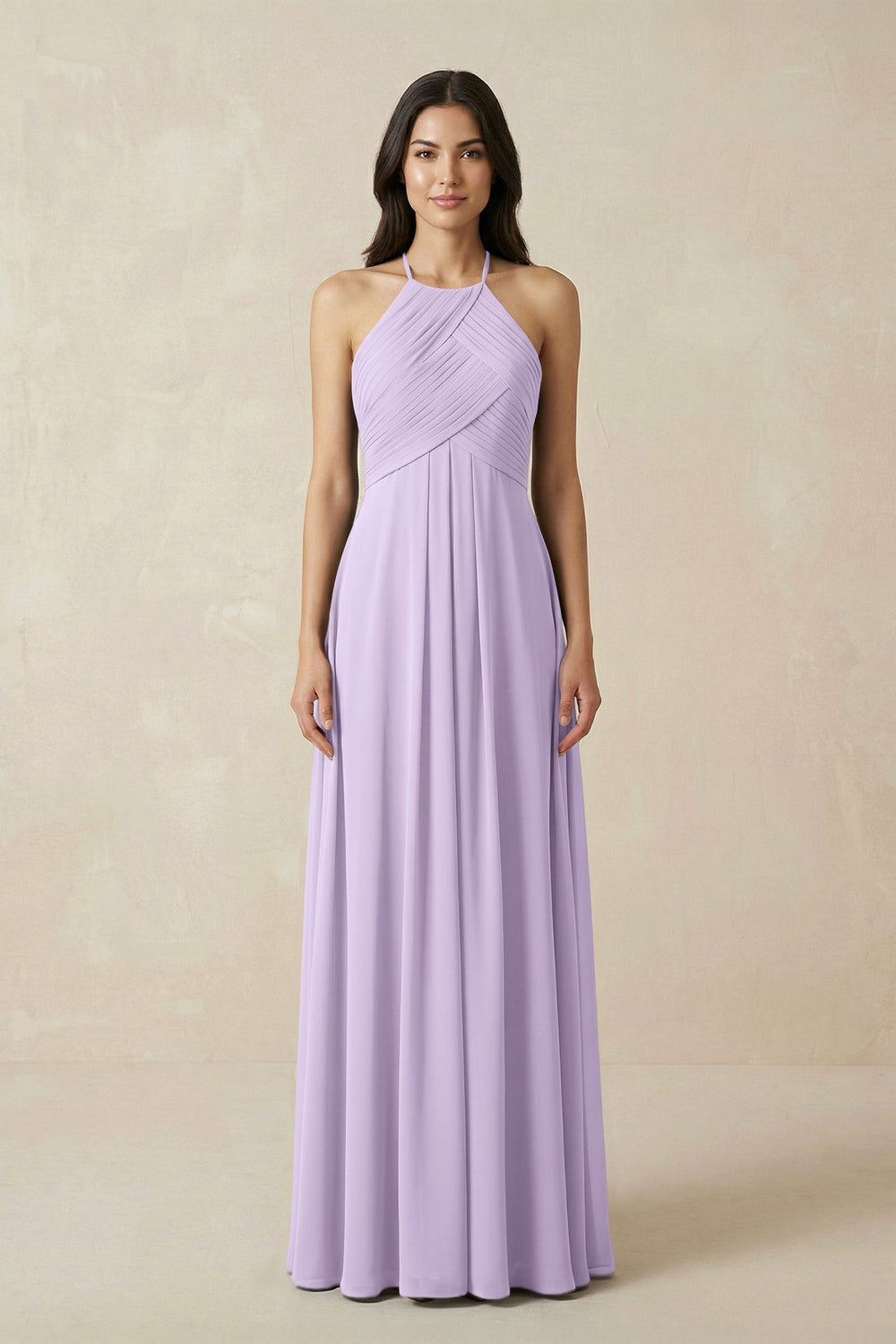 A-Line Halter Neck Pleated Chiffon Bridesmaid Dress in Lavender - KissProm BRIDESMAID DRESSES