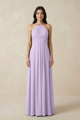 A-Line Halter Neck Pleated Chiffon Bridesmaid Dress in Lavender - KissProm BRIDESMAID DRESSES