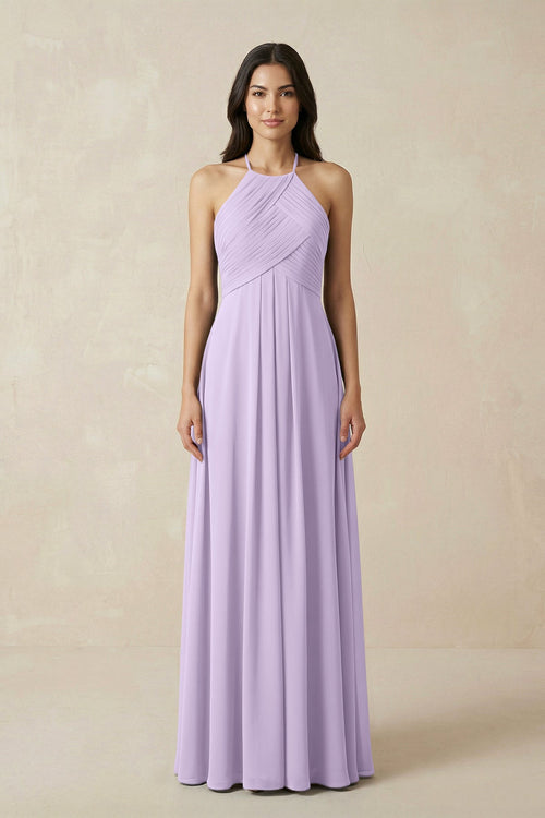 A-Line Halter Neck Pleated Chiffon Bridesmaid Dress in Lavender - KissProm BRIDESMAID DRESSES