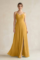 Pleated A-Line Long Chiffon Bridesmaid Dress in Marigold