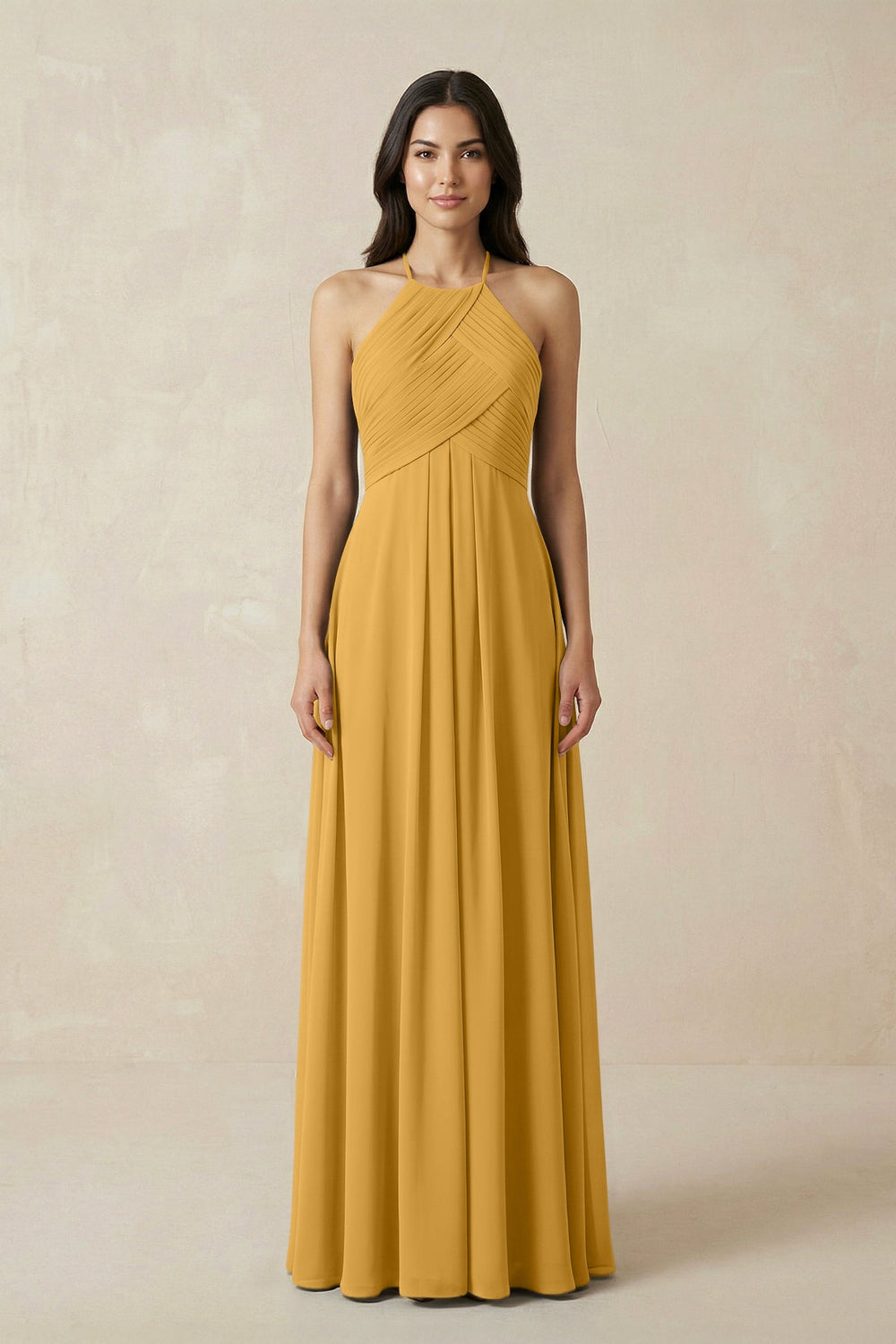 A-Line Halter Neck Pleated Chiffon Bridesmaid Dress in Marigold - KissProm BRIDESMAID DRESSES