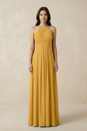A-Line Halter Neck Pleated Chiffon Bridesmaid Dress in Marigold - KissProm BRIDESMAID DRESSES