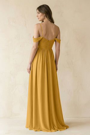 A-Line Off-the-Shoulder Pleated Chiffon Bridesmaid Dress in Marigold - KissProm BRIDESMAID DRESSES