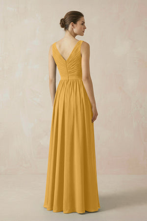 A-Line V-Neck Pleated Chiffon Bridesmaid Dress in Marigold - KissProm BRIDESMAID DRESSES