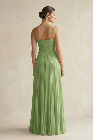 Pleated A-Line Long Chiffon Bridesmaid Dress in Matcha