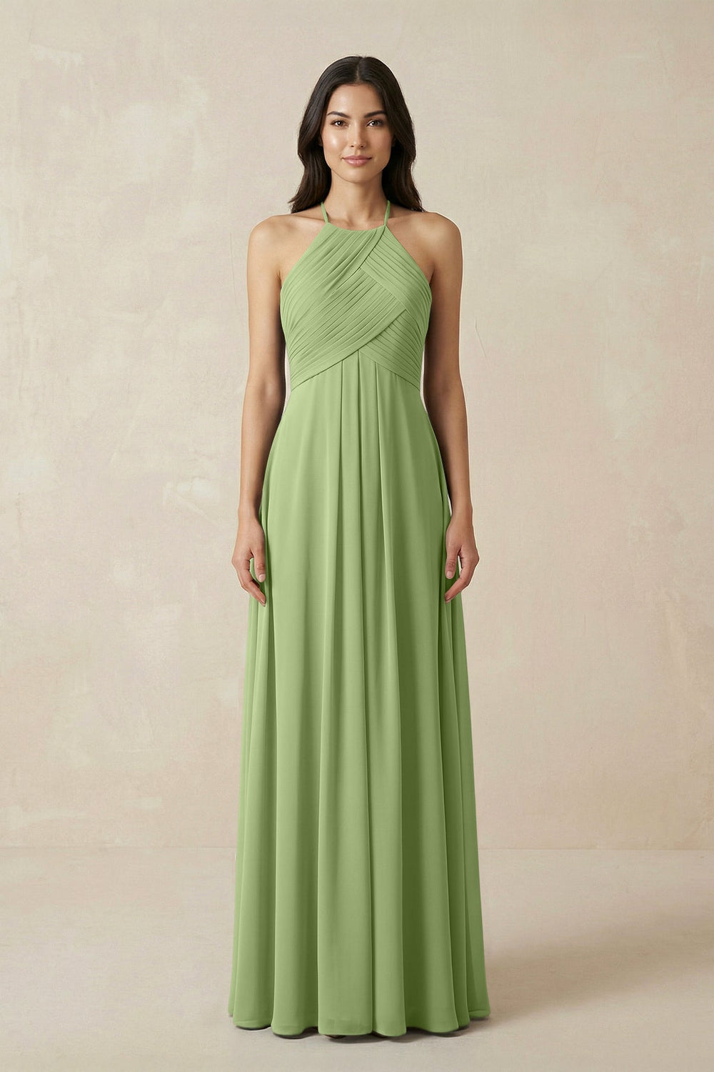 A-Line Halter Neck Pleated Chiffon Bridesmaid Dress in Matcha - KissProm BRIDESMAID DRESSES
