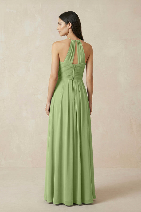 A-Line Halter Neck Pleated Chiffon Bridesmaid Dress in Matcha - KissProm BRIDESMAID DRESSES