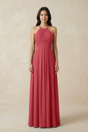 A-Line Halter Neck Pleated Chiffon Bridesmaid Dress in Merlot - KissProm BRIDESMAID DRESSES