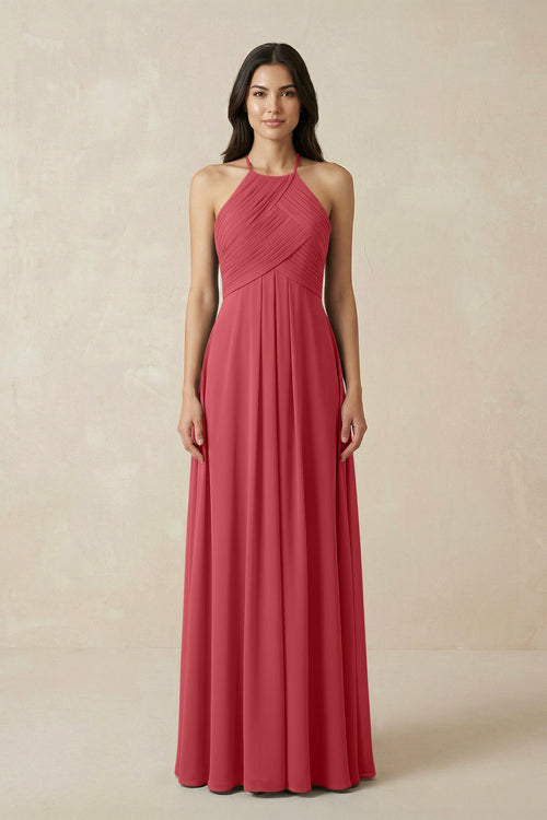 A-Line Halter Neck Pleated Chiffon Bridesmaid Dress in Merlot - KissProm BRIDESMAID DRESSES