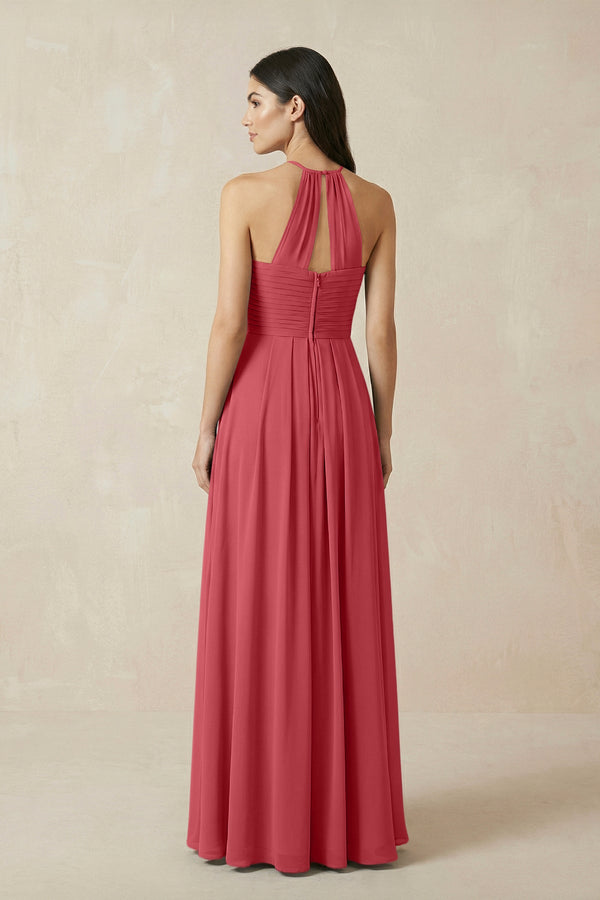 A-Line Halter Neck Pleated Chiffon Bridesmaid Dress in Merlot - KissProm BRIDESMAID DRESSES