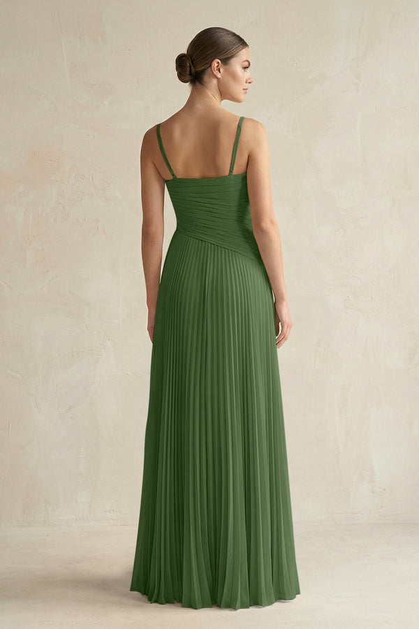 Pleated A-Line Long Chiffon Bridesmaid Dress in Moss