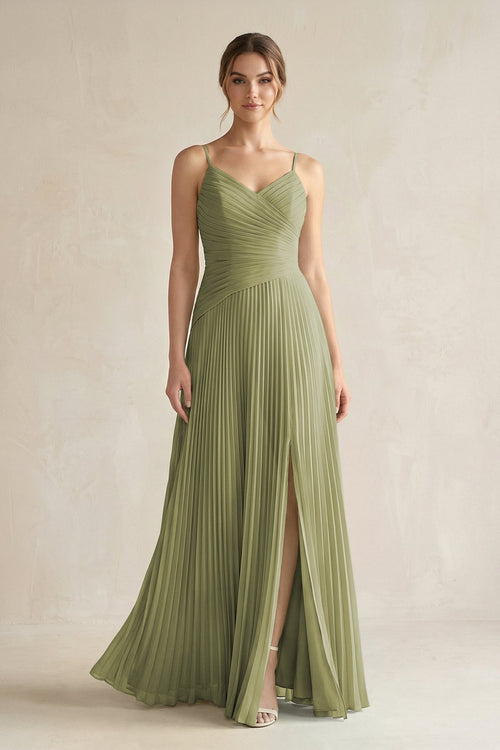 Pleated A-Line Long Chiffon Bridesmaid Dress in Moss Green