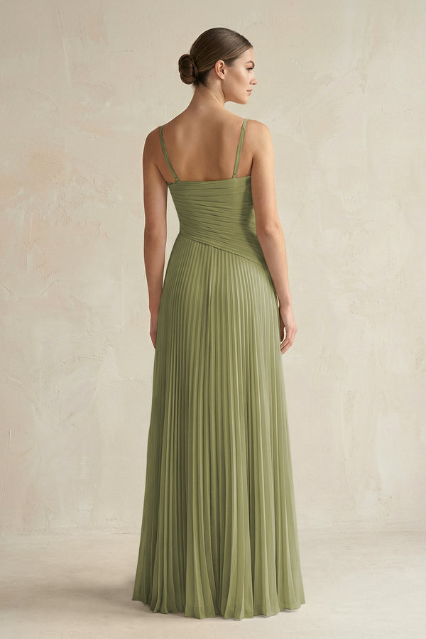 Pleated A-Line Long Chiffon Bridesmaid Dress in Moss Green, Moss Green / 26