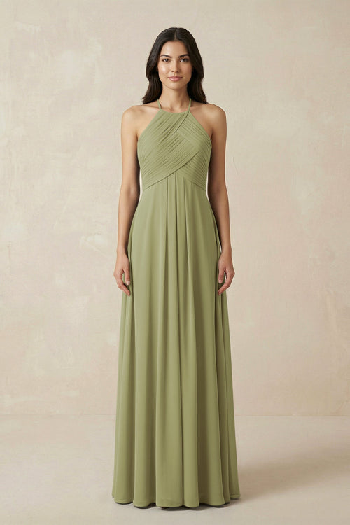 KissProm | Halter Neck Pleated Chiffon Bridesmaid Dress for Gala in Moss Green KissProm | Halter Neck Pleated Chiffon Bridesmaid Dress for Gala in Moss Green