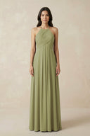A-Line Halter Neck Pleated Chiffon Bridesmaid Dress in Moss Green - KissProm BRIDESMAID DRESSES