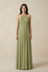 A-Line Halter Neck Pleated Chiffon Bridesmaid Dress in Moss Green - KissProm BRIDESMAID DRESSES