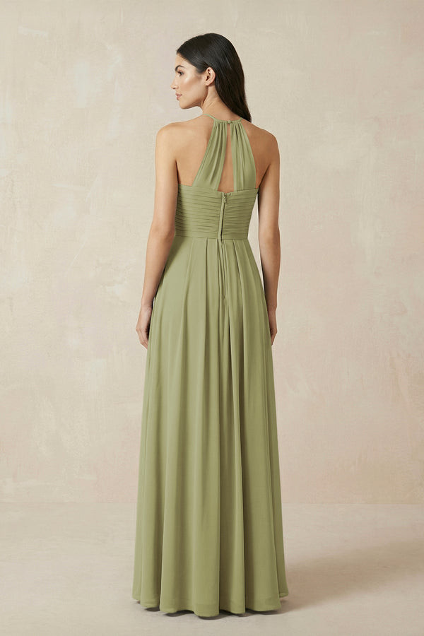 A-Line Halter Neck Pleated Chiffon Bridesmaid Dress in Moss Green - KissProm BRIDESMAID DRESSES