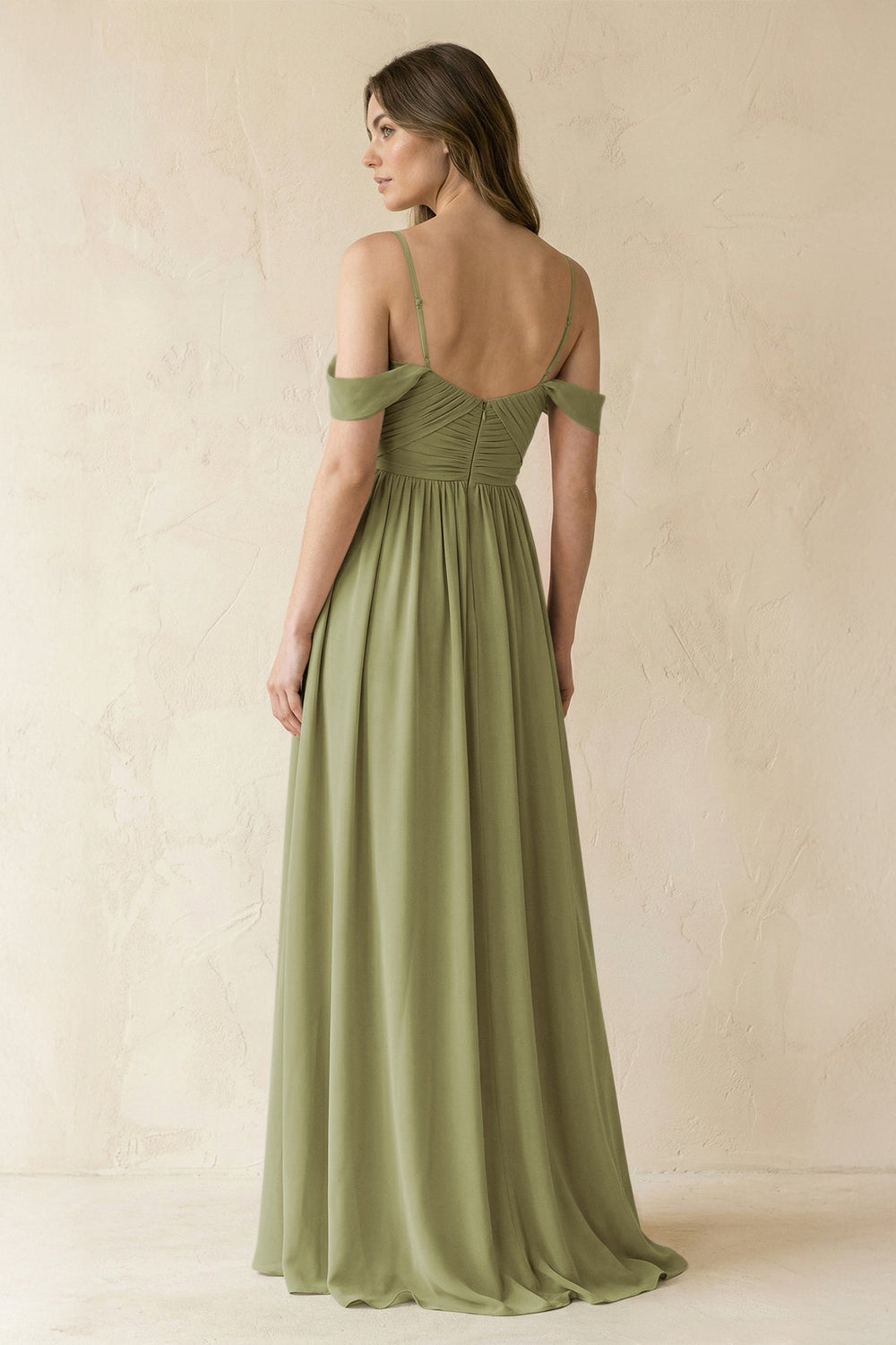 A-Line Off-the-Shoulder Pleated Chiffon Bridesmaid Dress in Moss Green - KissProm BRIDESMAID DRESSES