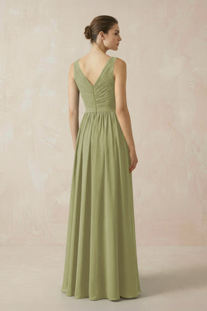 A-Line V-Neck Pleated Chiffon Bridesmaid Dress in Moss Green - KissProm BRIDESMAID DRESSES