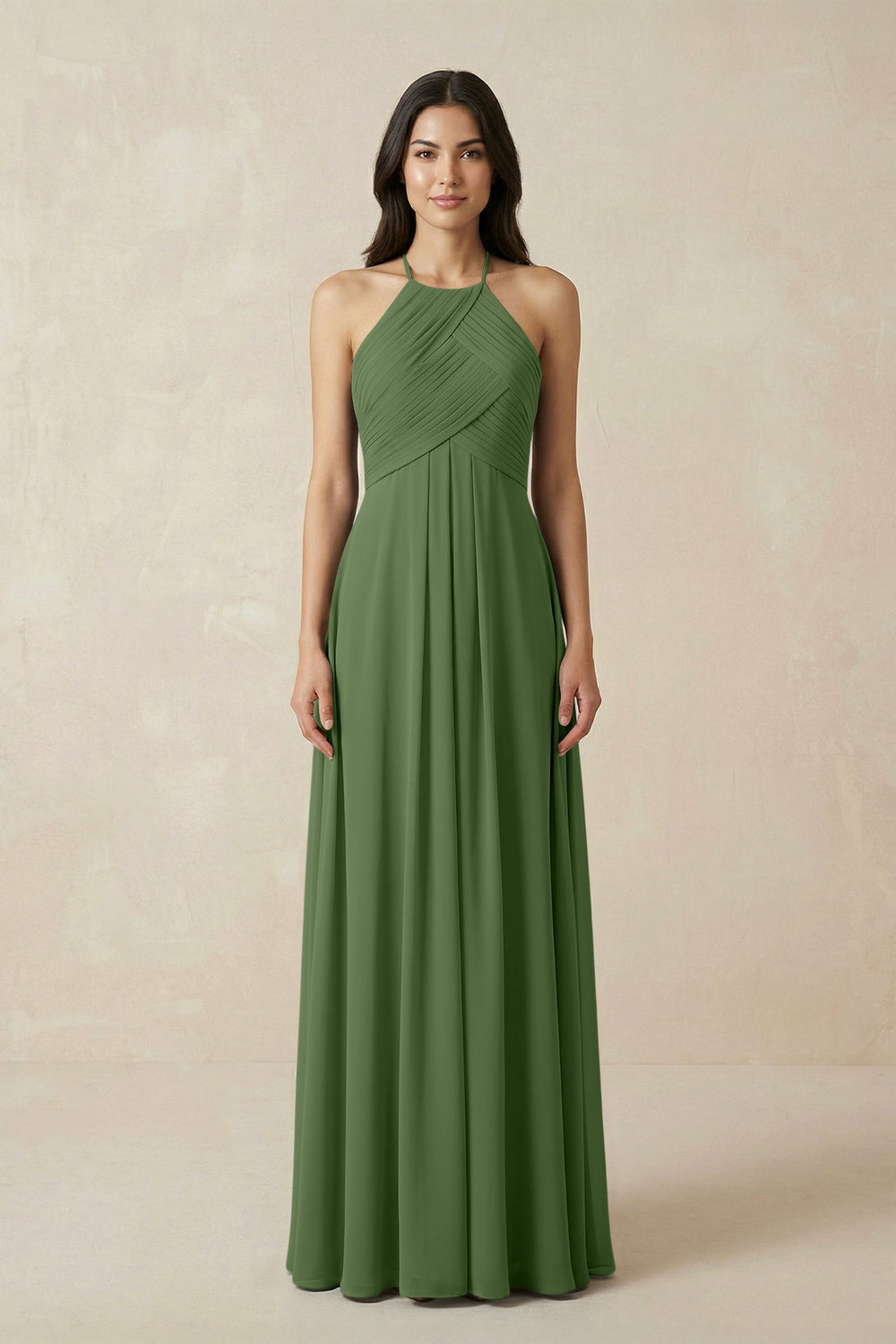 A-Line Halter Neck Pleated Chiffon Bridesmaid Dress in Moss - KissProm BRIDESMAID DRESSES