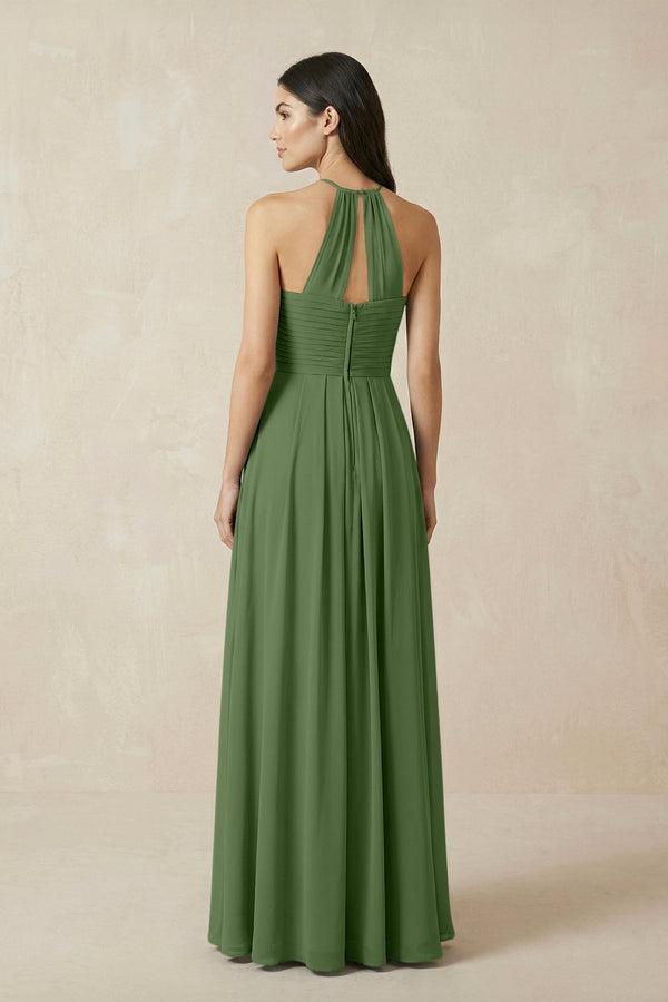 A-Line Halter Neck Pleated Chiffon Bridesmaid Dress in Moss A-Line Halter Neck Pleated Chiffon Bridesmaid Dress in Moss
