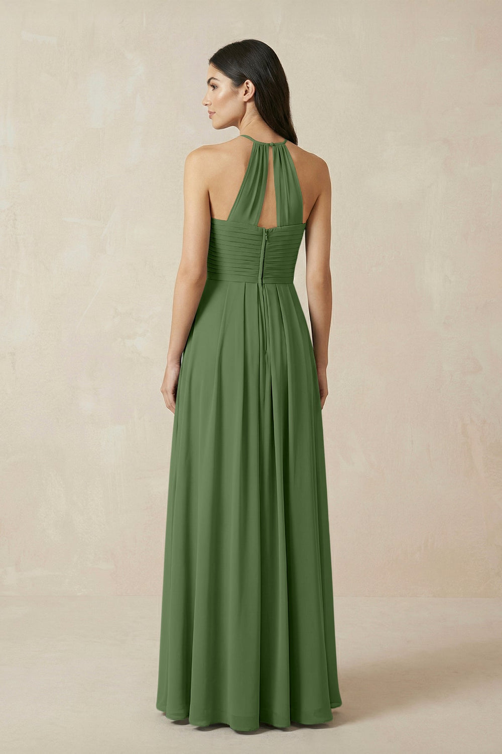 A-Line Halter Neck Pleated Chiffon Bridesmaid Dress in Moss - KissProm BRIDESMAID DRESSES