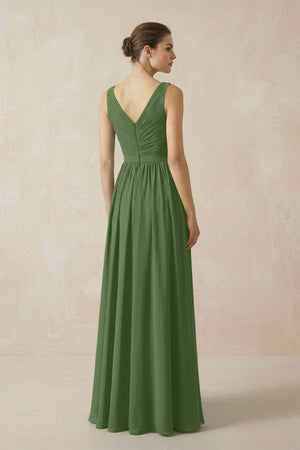 A-Line V-Neck Pleated Chiffon Bridesmaid Dress in Moss - KissProm BRIDESMAID DRESSES