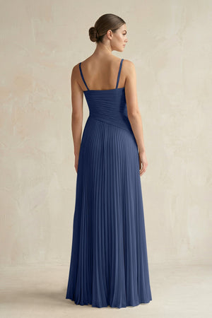 Pleated A-Line Long Chiffon Bridesmaid Dress in Navy