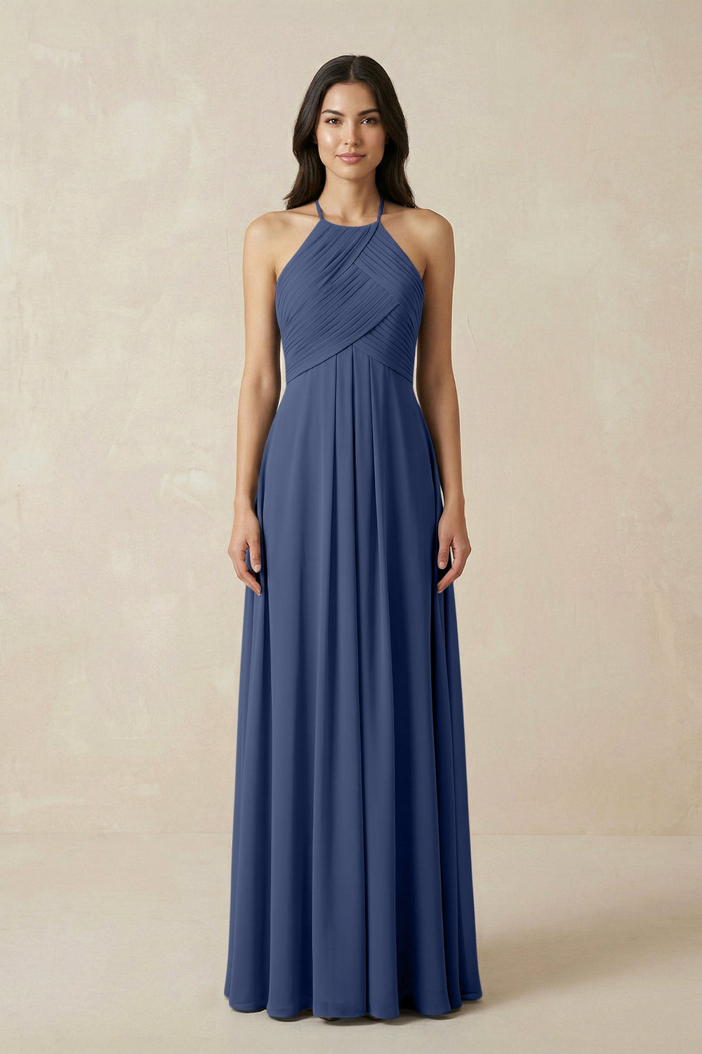 A-Line Halter Neck Pleated Chiffon Bridesmaid Dress in Navy - KissProm BRIDESMAID DRESSES