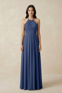A-Line Halter Neck Pleated Chiffon Bridesmaid Dress in Navy - KissProm BRIDESMAID DRESSES