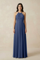 A-Line Halter Neck Pleated Chiffon Bridesmaid Dress in Navy - KissProm BRIDESMAID DRESSES