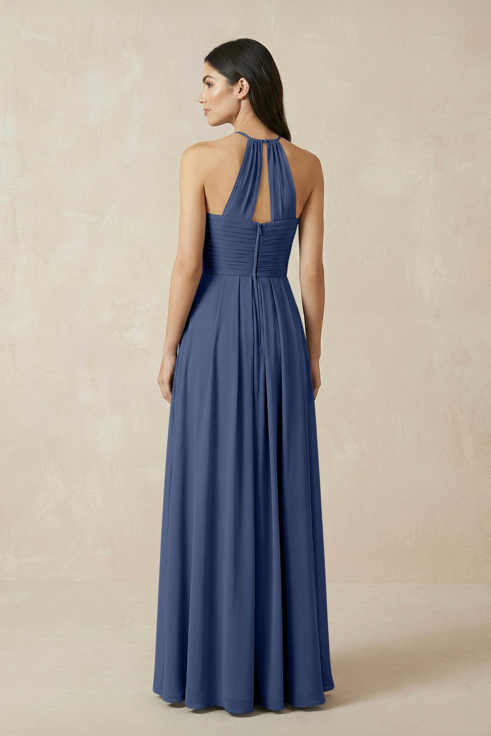 A-Line Halter Neck Pleated Chiffon Bridesmaid Dress in Navy - KissProm BRIDESMAID DRESSES
