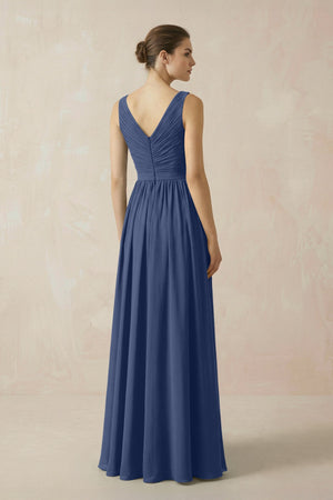 A-Line V-Neck Pleated Chiffon Bridesmaid Dress in Navy - KissProm BRIDESMAID DRESSES