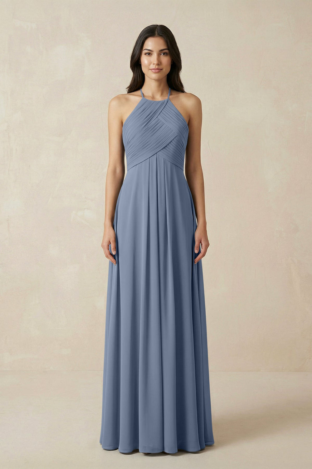 A-Line Halter Neck Pleated Chiffon Bridesmaid Dress in Neptune - KissProm BRIDESMAID DRESSES