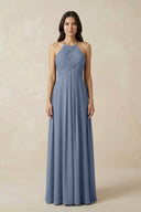 A-Line Halter Neck Pleated Chiffon Bridesmaid Dress in Neptune - KissProm BRIDESMAID DRESSES