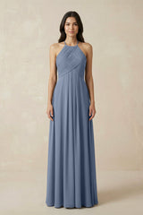 A-Line Halter Neck Pleated Chiffon Bridesmaid Dress in Neptune - KissProm BRIDESMAID DRESSES