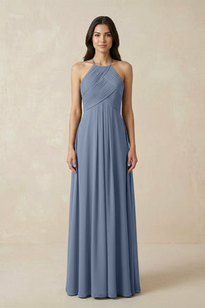 A-Line Halter Neck Pleated Chiffon Bridesmaid Dress in Neptune - KissProm BRIDESMAID DRESSES