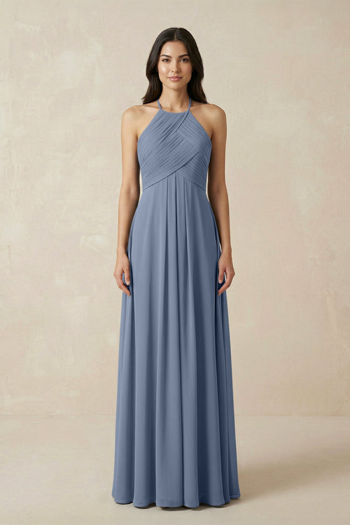 A-Line Halter Neck Pleated Chiffon Bridesmaid Dress in Neptune - KissProm BRIDESMAID DRESSES