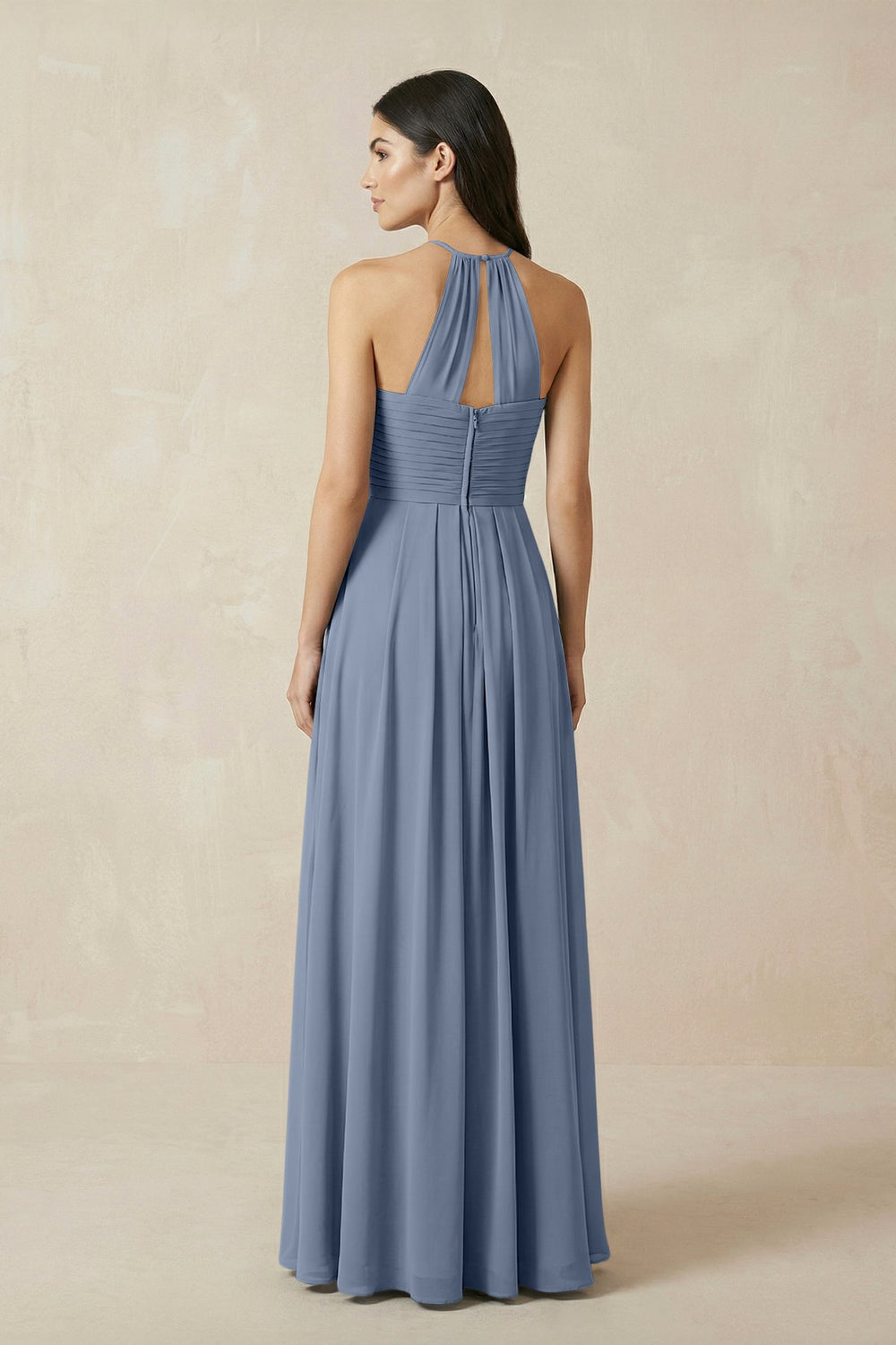 A-Line Halter Neck Pleated Chiffon Bridesmaid Dress in Neptune - KissProm BRIDESMAID DRESSES