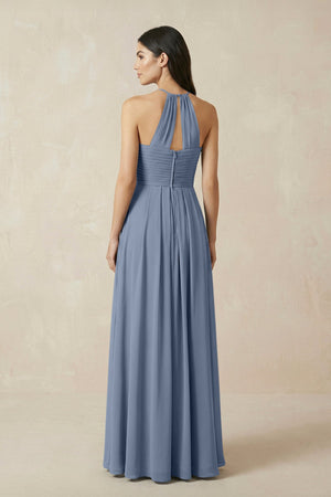 A-Line Halter Neck Pleated Chiffon Bridesmaid Dress in Neptune - KissProm BRIDESMAID DRESSES
