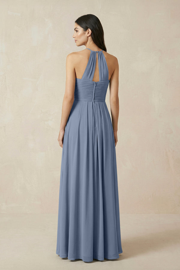A-Line Halter Neck Pleated Chiffon Bridesmaid Dress in Neptune - KissProm BRIDESMAID DRESSES