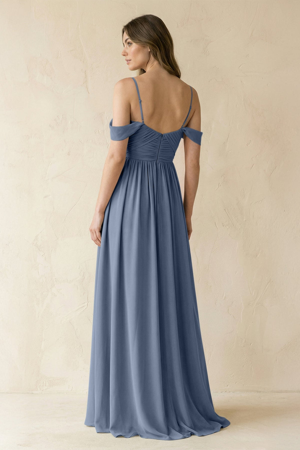 A-Line Off-the-Shoulder Pleated Chiffon Bridesmaid Dress in Neptune - KissProm BRIDESMAID DRESSES