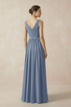 A-Line V-Neck Pleated Chiffon Bridesmaid Dress in Neptune - KissProm BRIDESMAID DRESSES