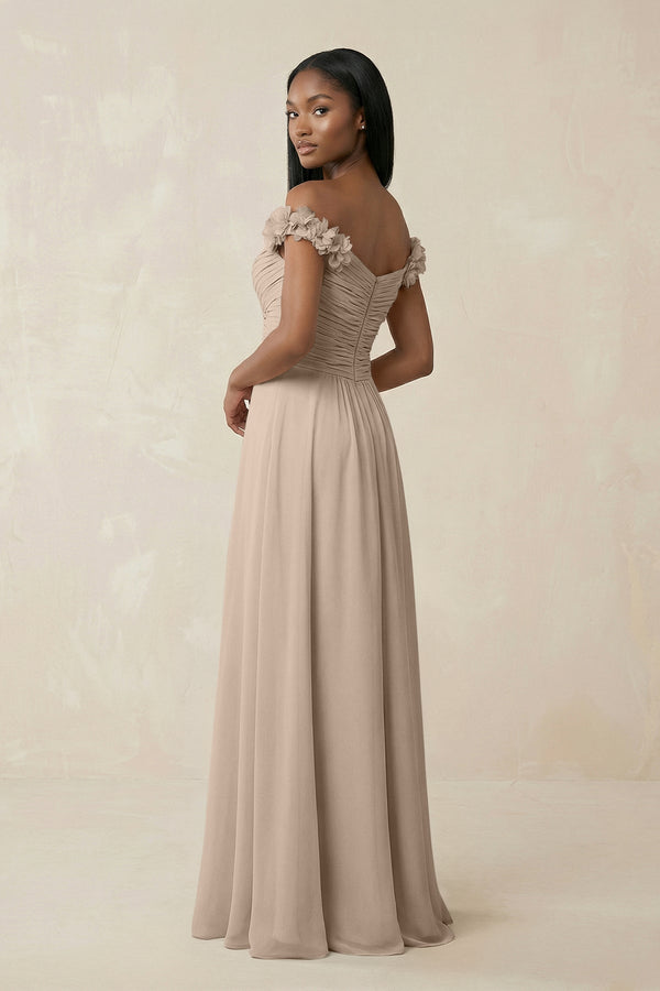 Pleated Off - the - Shoulder A - Line Chiffon Bridesmaid Dress in Almond - KissProm Bridesmaid Dresses