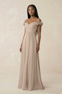 Pleated Off - the - Shoulder A - Line Chiffon Bridesmaid Dress in Almond - KissProm Bridesmaid Dresses