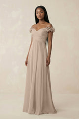 Pleated Off - the - Shoulder A - Line Chiffon Bridesmaid Dress in Almond - KissProm Bridesmaid Dresses